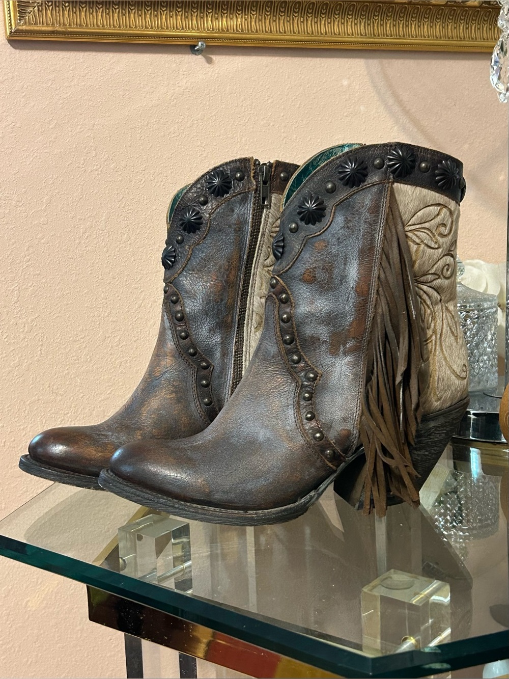 Corral Brown with Teal and Cream Floral Print Handcrafted Fringe Boots Size 9.5
